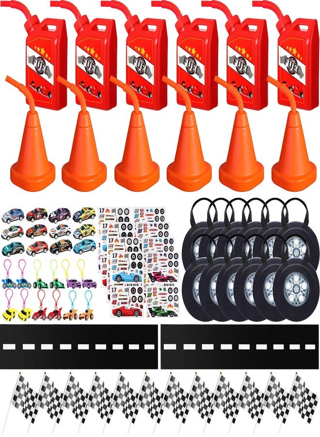 Mifoci 78 Pcs Racing Birthday Party Supplies Include 6 Fuel Cup 6 Cone Cup 12 Wheel Bag 12 Race Toys 12 Racing keychain 16 Stickers 12 Checkered Flag 2 Floor Banner for Construction - Image 1